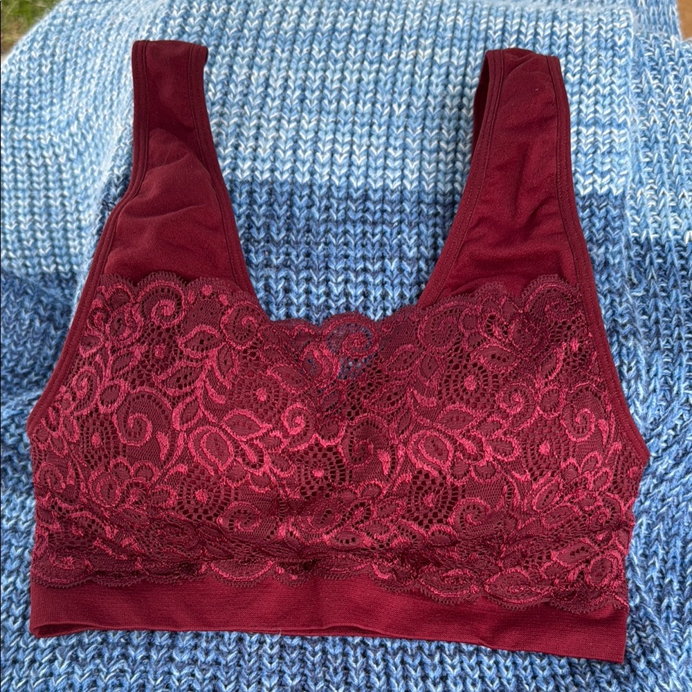 Burgundy Lace Wireless Bra with Floral Design